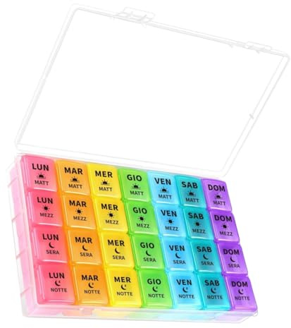 ALL4US® - Portapillole Settimanale 28 Scomparti – Pill Box 7 Giorni con Scritte Italiane Grandi – Organizer Pillole Mattina Pomeriggio Sera Notte – Plastica BPA-Free, Compatto e Portatile