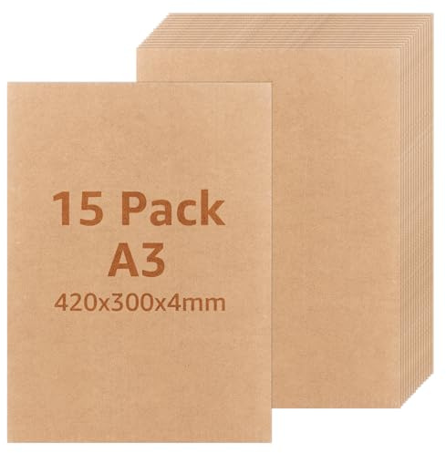 AKOLAFE Lot de 15 plaques MDF 4 mm - En panneau dur A3 - 420 x 300 x 4 mm - Pour bricolage - Rectangulaire - Pour gravure laser, routeur CNC, modélisation, ajouré, bricolage (marron)