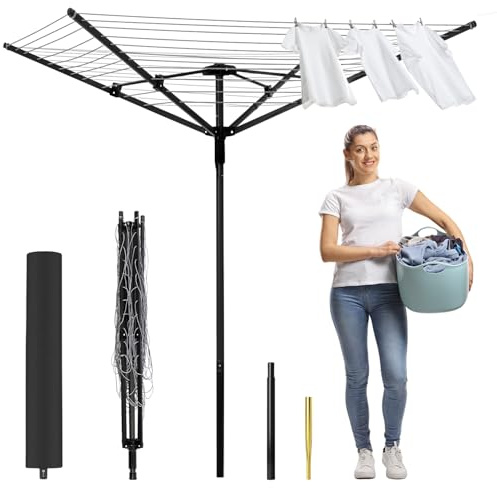 GOCEZIA Outdoor Umbrella Drying Rack, 4-Aluminum Arms Folding Rotary Dryer with 12 Lines 165 ft Drying Space Adjustable Height Clothesline w/Waterproof Cover & Ground Spike for Garden Backyard(Black)