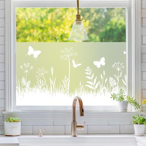 dktie Fensterfolie Blickdicht Sichtschutzfolie Blumen Gras und Schmetterlinge Statische Aufkleber ohne Klebstoff Wiederverwendbar Geeignet für Wohnzimmer, Schlafzimmer, Küche 44.5x200cm