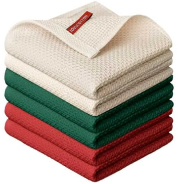 Artoid Mode Waffel Gemischte Farbe (Beige+Rot+Dunkelgrün) 100% Baumwolle Geschirrtücher, 6er Set 30x30 cm Waschbar Saugfähig Reinigung Küchentücher