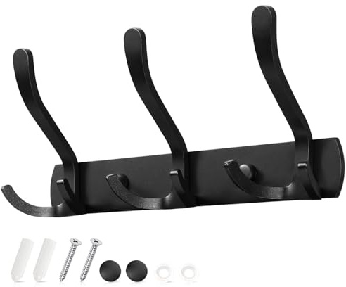Sevenpers Black Coat Hooks Wall Mounted Stainless Steel with 3 Triple Hooks | Heavy Duty Coat Rack Wall Door Hangers for Hanging Jackets Bags Towel Hats Robe Keys in Bathroom Bedroom Kitchen Entryway