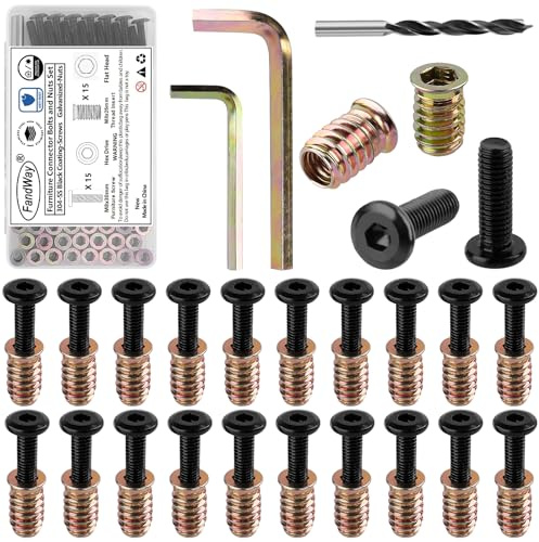 FandWay 30 Stück Gewindeeinsatz Holz Möbelschrauben M8x30mm Flachkopfschrauben und M8x20mm Einschraubmutter Sortiment Kit Einschraubgewinde Muttern für Holzmöbel mit 2 Schlüssel & 1 Bohrer.