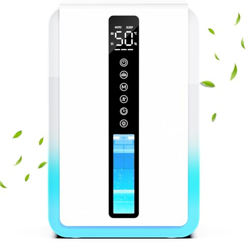 Deshumidificateur d Air Capacité 2500ML, Déshumidificateur 2 Modes (Auto/Nuit), Minuterie 6-48H, LED RGB, Arrêt Auto, Lumière d'Ambiance, Idéal Placards et Chambres