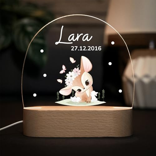 LARIFEE Nachtlicht Reh Kitz mit Blumen mit Name – Personalisiertes LED Nachtlicht für Kinder – Lampe aus Acrylglas & Holz, dimmbar – Geschenk zur Geburt oder Taufe