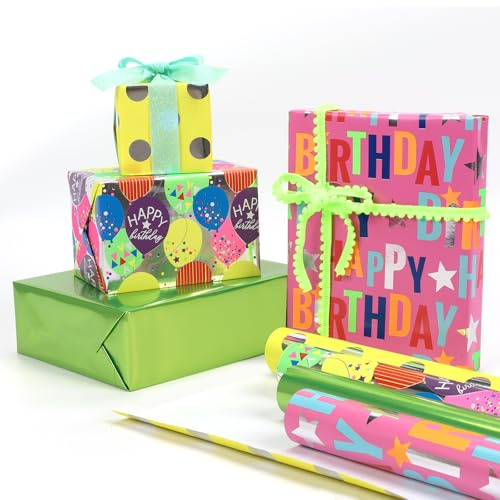 BIOBROWN Neon födelsedagspresentpappersset | presentpapperspaket (4 rullar, ca 5,3 m²) med neongrön och ballongdesign, band och hängen | för fester, jul och fester