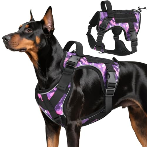 VavoPaw Arnés Táctico Perro, Fácil Control & Sin Tirar Arnés para Perros con Panel Molle y Tira Reflectante, Chaleco Táctico Perro Servicio de Adiestramiento, Paseos, Caza, Outdoor, Camuflaje Morado,L
