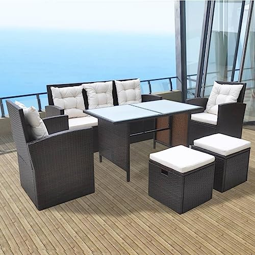 Generico Set da Pranzo da Giardino 6 pz con Cuscini Polyrattan Marrone,Marrone,66.8kg,42644