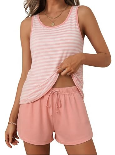 Litherday Pigiama Donna Estivo Cotone 95% 2 Pezzi Senza Maniche con Pantaloncini con Tasche Leggero e Traspirante Rosa XL