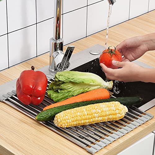 Escurridor de cocina enrollable para secar platos sobre fregadero, acero inoxidable recubierto de silicona, ahorra espacio, varios tamaños (52,5 x 40,5 cm), perfecto para la cocina