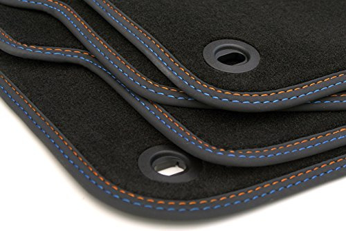 kh Teile Fußmatten passend Polo 9N Cross GTI Premium Velours Automatten Autoteppich 4-teilig Schwarz Nubuk schwarz Doppelnaht Orange Blau