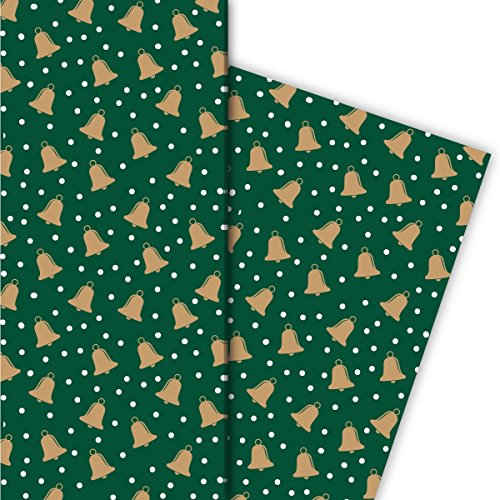 Kartenkaufrausch Schönes Winter Weihnachtspapier, Geschenkpapier Set zu Weihnachten mit Glocken und Schneeflocken, grün, für tolle Geschenk Verpackung, Designpapier, 4 Bogen, 32 x 48cm