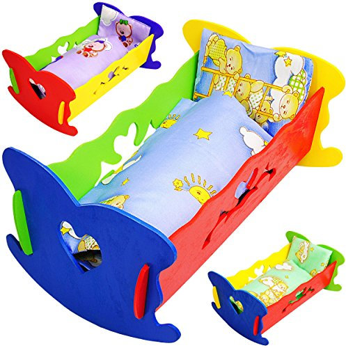 alles-meine.de GmbH 2 Stück Holz - Puppenwiegen/Puppenbetten - mit Bettzeug - 37 cm - Herzen - buntes Naturholz - Decke & Kopfkissen - für Puppen - Wiege Kinderbett Bett ..