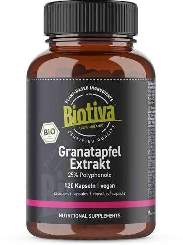 Biotiva Granatapfel Extrakt Bio 120 Kapseln - 550mg Höchstdosierung - 25% Polyphenole - Einführungsangebot - Punica Granatum - Abgefüllt und kontrolliert in Deutschland