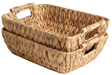 StorageWorks Wicker Storage Baskets for Shelves, Woven Storage Box Organiser with Wooden Handles, Large Wicker Basket, Shelf Baskets for Organising Living Room, Natural Water Hyacinth, 2-Pack