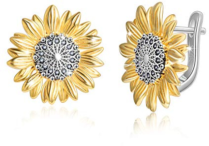 WINNICACA Boucles d'oreilles à tige en argent sterling S925 en forme de tournesol avec zircone cubique pour femme et fille, Argent sterling, Oxyde de Zirconium,