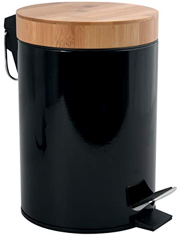 MSV – 3-Liter-Badezimmerabfalleimer aus Edelstahl und Bambus mit automatischem Absenksystem und Aza-Inneneimer – Schwarz – 16,8 x 24 cm