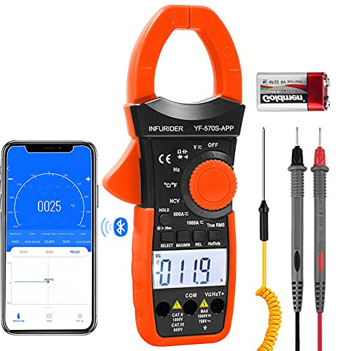 INFURIDER Digital AC/DC Volt Amp Clamp Meter,Wireless Bluetooth Auto Ranging 1000A Ammeter Clamp Multimeter for Voltage,Current,Ohm,Cap,Temperature Tester