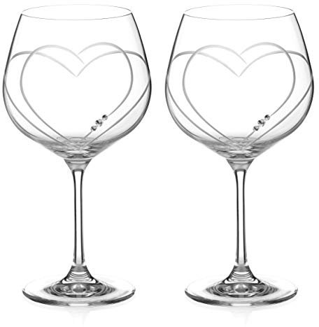DIAMANTE Gin Copa Glasses Pair 'Toast Heart' - Adorned with Crystals - Set of 2 Burgundy Gift Box