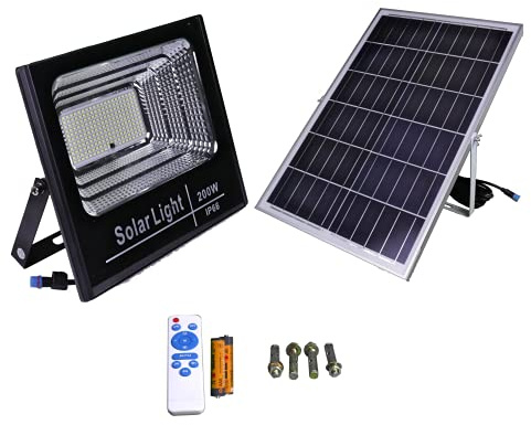 JANDEI - Outdoor-Solar-LED-Projektor mit Fernbedienung, separatem Solarpanel mit 5-Meter-Kabel und Lithium-Batterie enthalten. Gültig für Garten, Wege, Garage, Parks, Straße usw. (200)
