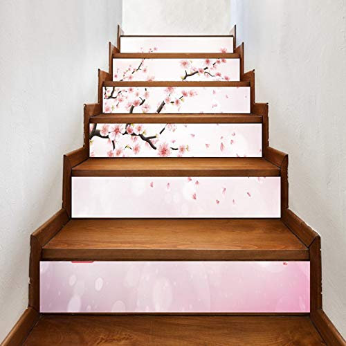 A.Monamour Autocollants d'escalier Auto-adhésifs 3D Branche De Cerisier Du Japon Avec Des Fleurs De Sakura Vinyle Imperméable Contremarche d'escalier Sticker Carrelage Sticker Mural Autocollant 6 PCs