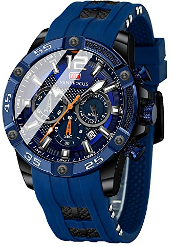 MF MINI FOCUS Men Watch, Chronograph Waterproof Sport Analog Quartz Watches Red Silicon Strap Fashion Wristwatch for Men