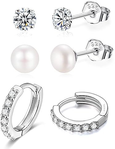 3er Ohrringe Set Für 3 Ohrlöcher Silber 925 Echtsilber - 6mm Süßwasserperlen Ohrringe - 4mm Zirkonia Stecker - 9mm Creolen Hoops - 3 Paar Pack Nickelfrei