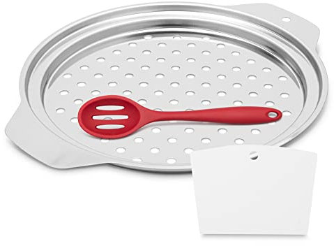 Pleased Pickle Spaetzle Maker Lid and Scraper – 10.75'', Food-Grade, Stainless-Steel, Egg Noodle Dumpling Maker - with Slotted Spoon