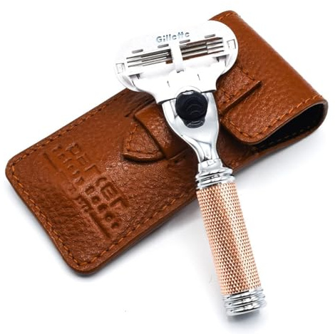 Parker Damen Reiserasierer - Kompatibel mit Gillette® Venus® Patronen - Kompakter 3-Klingen-Rasierer mit roségoldenem Chrom-Messing-Griff & Büffelleder-Reiseetui