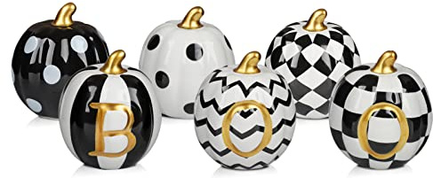 DAZONGE Halloween Decorations Indoor - Set of 6 Ceramic Halloween Pumpkin Decor - Assorted Black and White Boo Pumpkins for Fall Autumn Home Decor