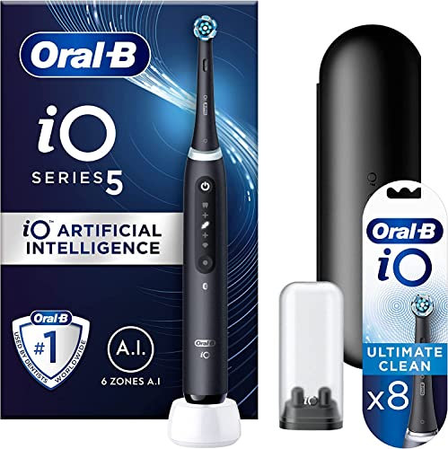 Oral-B iO5 Electric Toothbrush With Artificial Intelligence, Gifts For Women / Men, 1 Toothbrush Head & Travel Case, 5 Modes, Teeth Whitening, UK 2 Pin Plug, Black + 8 Ultimate Clean Toothbrush Heads
