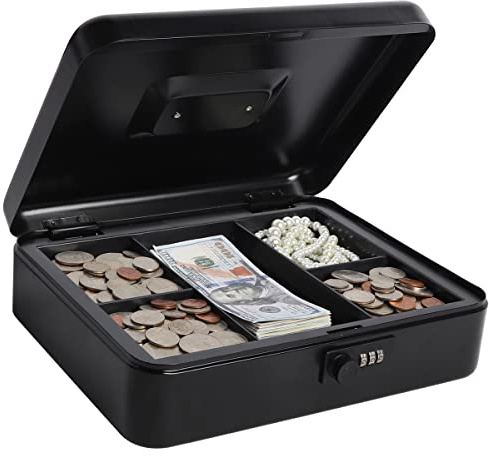 Große Geldkassette mit Zahlenschloss, Metall Spardose für Bargeld, Lovndi Schlossbox mit Geldfach, 11,8 x 9,5 x 3,54 Zoll, Schwarz