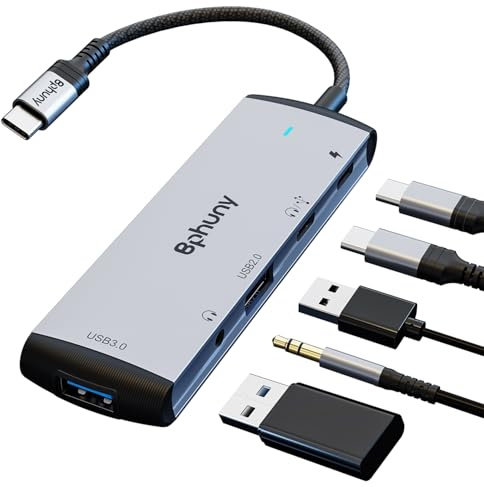 USB C Aux Adapter, Bphuny 5 in 1 Type C Hub with USB 3.0/USB 2.0/3.5mm Jack/USB Type C Headphone Port and 60W Charging Dongle Compatible with iPhone 17 Pro Max/16/15 Galaxy S25 Ultra S24 iPad/Macbook