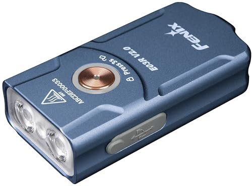 FENIX E03R v2.0 Blaue, wiederaufladbare leichte Schlüsselanhänger-Taschenlampe, 500 Lumen, 90 m, max. 30 Stunden, Rotlichtmodus, USB-C-Ladung, IP66