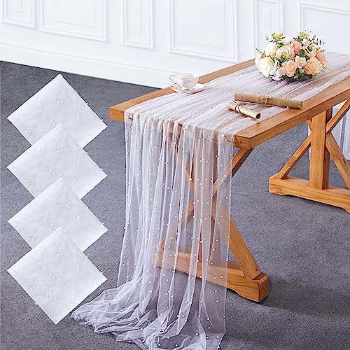 YOUMEHOME Tyll bordsduk i pärla, vit bordsduk, 4 delar, 152 x 305 cm, bröllopsslöja, pärla, tyll, bordslöpare, tyg, 3 m för bröllopsbåge, efterrätt, bordsdekorationer