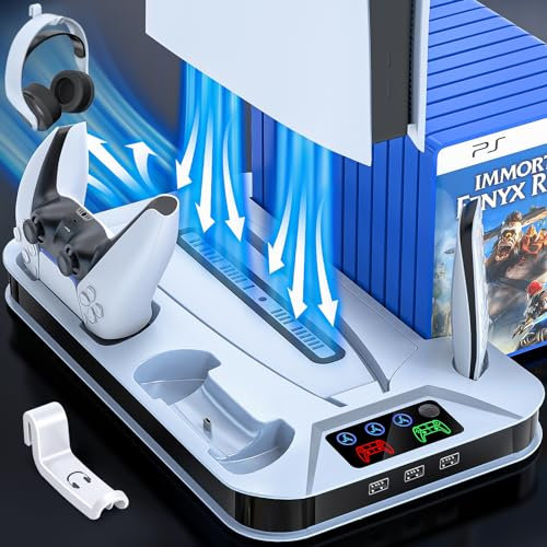 Kühlstation für PS5 Ständer mit Controller Ladestation für PlayStation 5 Konsole Disc/Digital, Kühlständer für PS5 Kühler Lüfter Zubehör für PS5 mit 3 USB Hubs (Nicht für PS5 Slim Versionen)