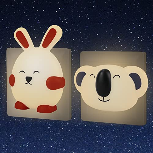 Children Night Light Plug in Wall, Bunny/Koala | Dusk to Dawn Sensor, Pack of 2, Kawaii Nursery Decoration, Newborn Essentials, Baby Girls Boys Gifts