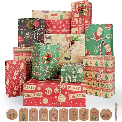 70 * 50cm Christmas Wrapping Paper for Gift, 12 Sheets Xmas Wrapping Paper Recyclable Kraft Wapping Paper with 10pcs Gift Tags and 10m Twine for Gift and Craft Wrapping