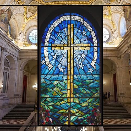 Statisch haftende Sichtschutz-Fensterfolie, Kirche, Buntglas, dekorative Glasfolie, klebstofffrei, Fensteraufkleber für Zuhause, Büro, B 17,7 x H 33,4 cm