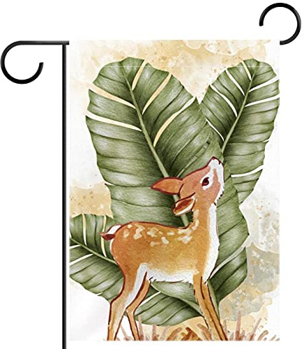 cervo e foglie di banano Bandiera da giardino 28x40 pollici,Bandiere da giardino piccole,banner verticale bifacciale,decorazione per esterni