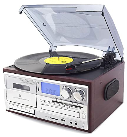 Mid Century Record Player, three-speed vinyl record player, Turntable, Retro Record Player, CD player, radio, Belt Drive, USB/SD, Remote, Cassette Slot, Digitizing Function, can be operated by remote