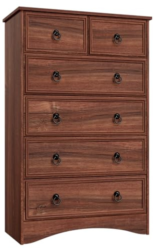 VVFLU Dresser for Bedroom Tall, Mid Century Modern 6 Drawer Dresser, Cherry Wood Chest od Drawer with Large Storage for Clothes, Vintage, for Living Room, Bedroom, Hallway