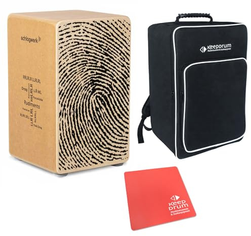 Schlagwerk CP82 Cajon Rudiments Fingerprint + keepdrum Sitzpad rot und Rucksack-Tasche