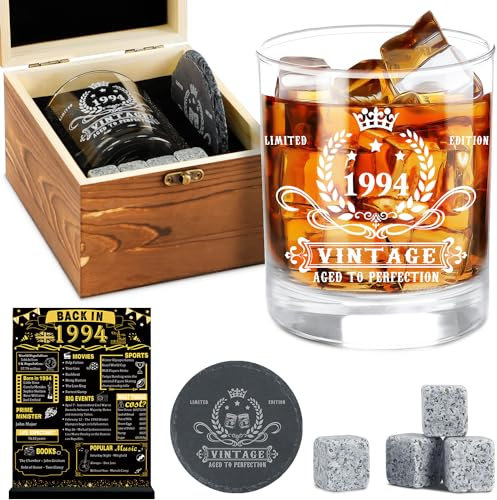 Ensemble de verres à whisky vintage 1994, boîte en bois, carte d'anniversaire de 1994, dessous-de-verre et pierres à whisky, idée cadeau d'anniversaire pour lui, papa, mari, décorations de 31e
