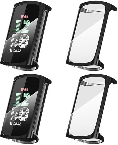 Suoman 4 Pack for Fitbit Charge 6/Charge 5 Case, Definition Clear Screen Protector, All-Around Soft TPU Flexible Protective Cover (Black)