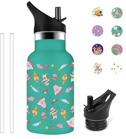 Grsta Trinkflasche Edelstahl, 350ml Trinkflasche Kinder, Trinkflasche mit Strohhalm, Trinkflasche Auslaufsicher, BPA-freie, Wasserflasche Geeignet für Jungen und Mädchen, Grün-Astronaut