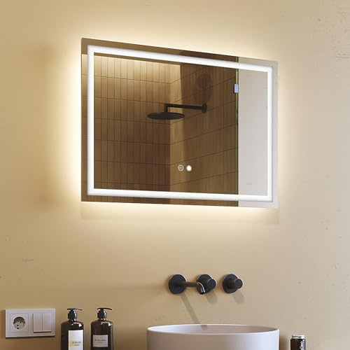 FORAM Badspiegel mit Beleuchtung 70 x 50 cm, Badezimmerspiegel mit Touch-Schalter Lichtspiegel Lichtfarbe 2700K-6000K Beschlagfrei Beleuchteter Spiegel Badezimmer Wandspiegel mit Licht