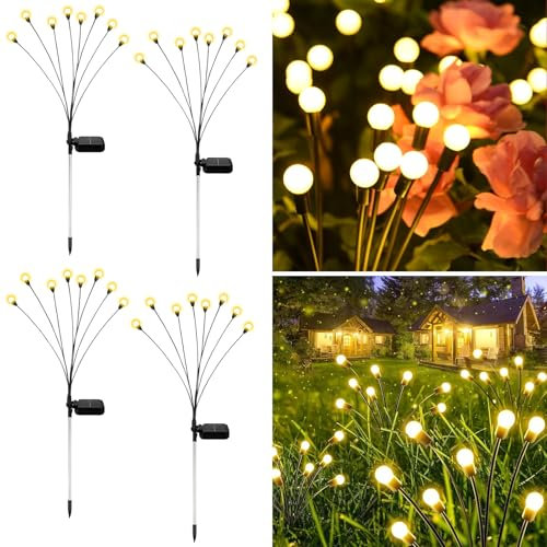 FIFlying Solarleuchten für Außen Garten, 4 Stück 8 LED Glühwürmchen Solar Leuchten Außen Verbesserte Höhen Optionale Modi Glühwürmchen Licht IP65 Wasserdicht Solarleuchten für Weg Hof Terrasse