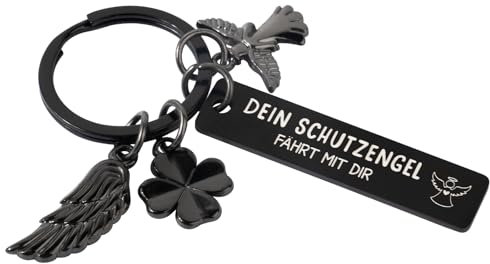 BOOMTOP Schutzengel Schlüsselanhänger Motorrad Auto Glücksbringer Engel Anhänger mit Gravur Dein Schutzengel fährt mit dir Kleeblatt Engelsflügel Geburtstag Vatertag Weihnachten Geschenk Schwarz