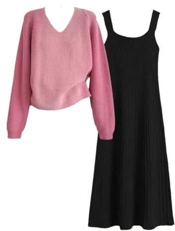Zweiteiliges Strickset für Damen, lässiger Pullover mit V-Ausschnitt und ärmellosen Trägern, 2-teiliges Set 4, L